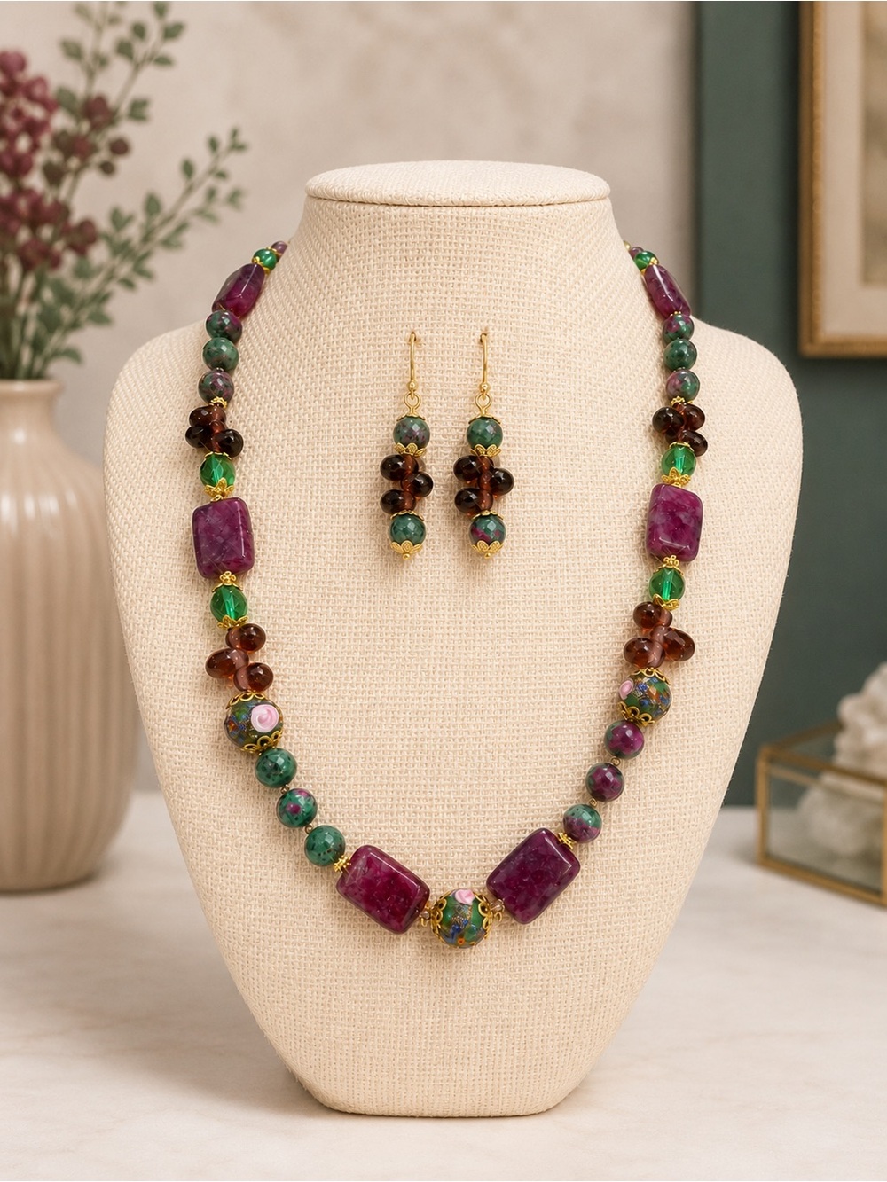Artisan Made Ruby Zoisite, Wedding Cake Glass Beads & Swarovski Crystal
